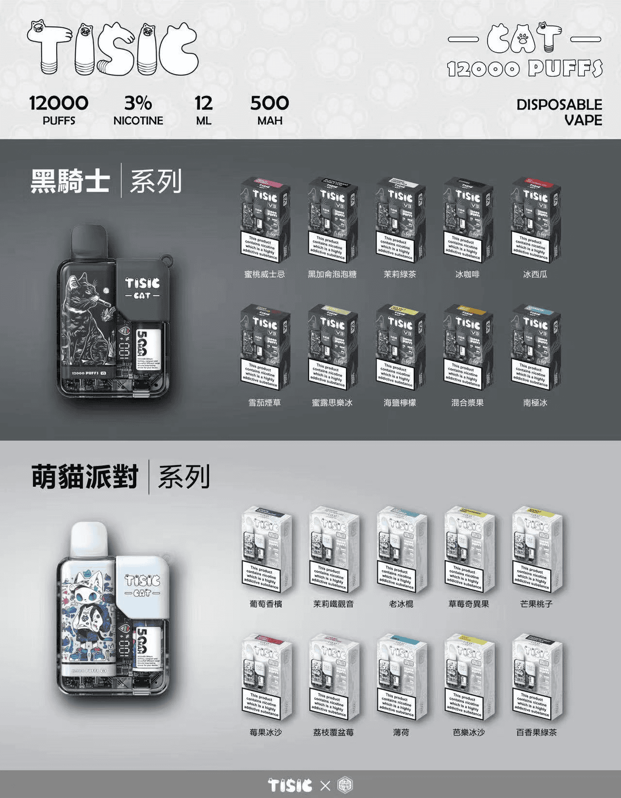 TISIC 黑騎士/萌貓派對系列12000口拋棄式電子煙 – 12ml大容量 500mAh Type-C快充 Mesh霧化 暗黑潮流設計【買10送1優惠中】台灣現貨 - 图片 2